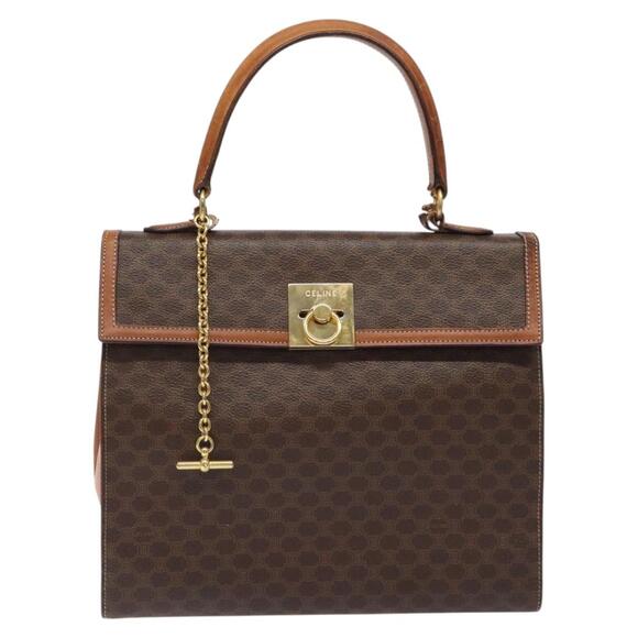 CELINE Macadam Canvas Hand Bag Pvc Leather Brown Gold - Picture 2 of 13